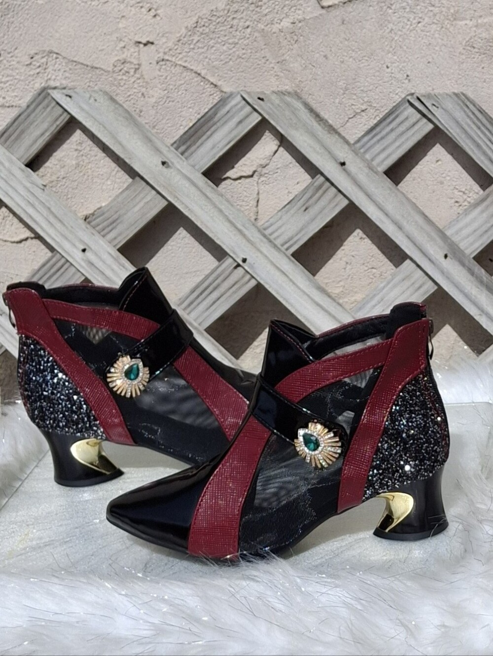 Women Black/Burgundy Mesh Ankle Booties Embellish Buckle Sculpted Heel Size 7.5 - Picture 9 of 16